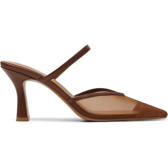Women's Mesh Mule Brown Heels with Memory Foam Insole Pointy Toe Arch Support - Picture 2 of 4